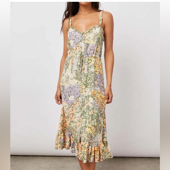 Rails Adalyn Midi Dress in Gardenia Floral Print Yellow Green Ruffle Bottom NWT - Picture 2 of 13